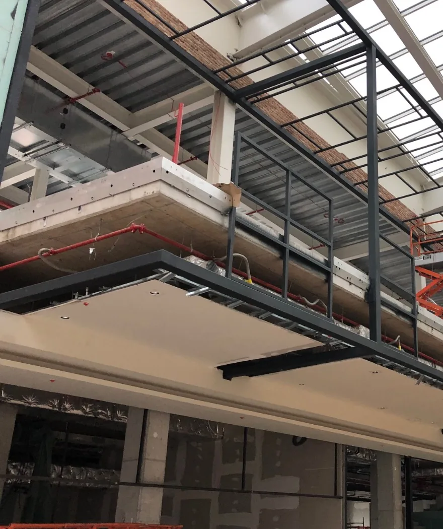 Steel gallery frame during installation