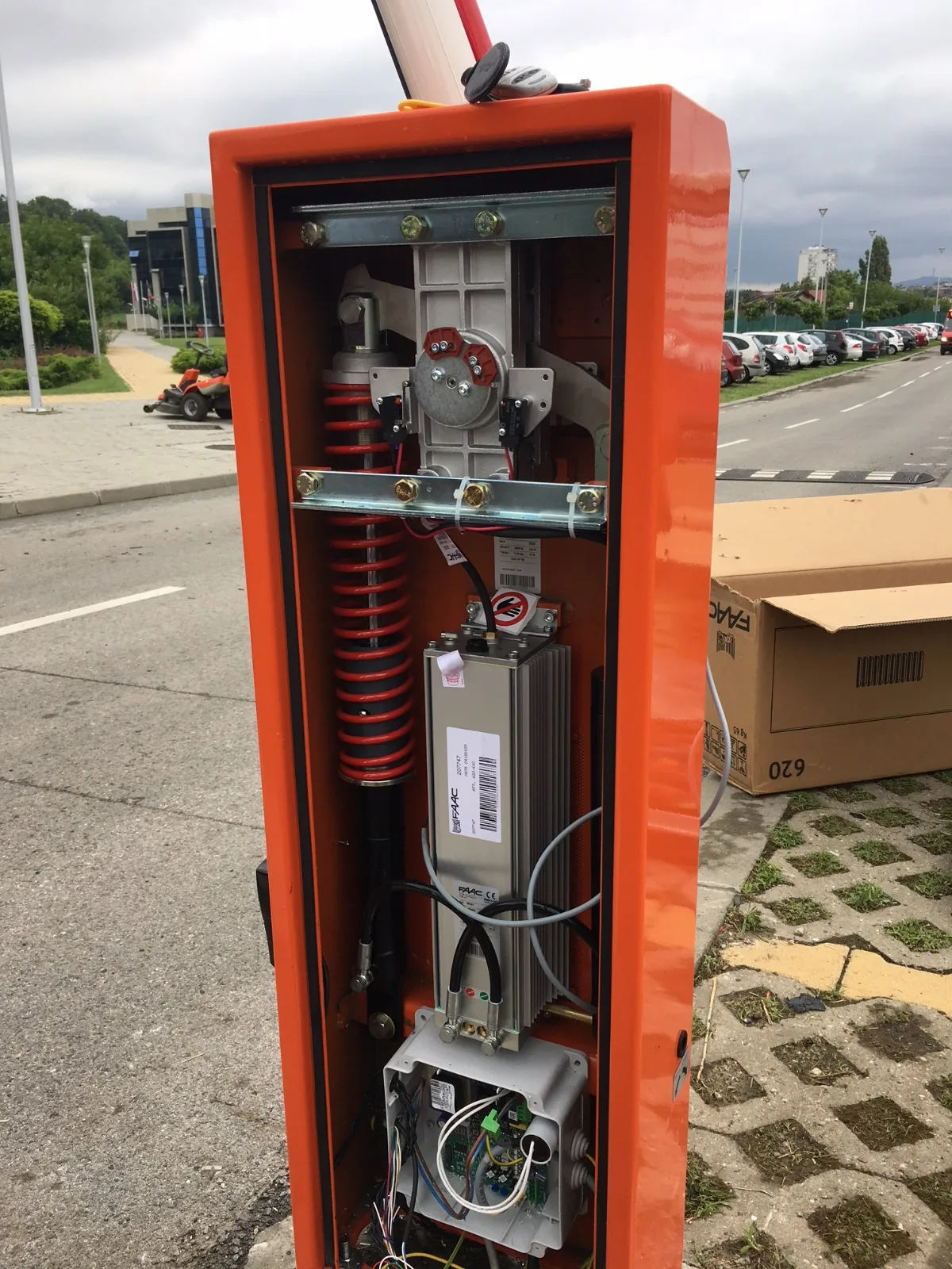 Open barrier cabinet showing the mechanism