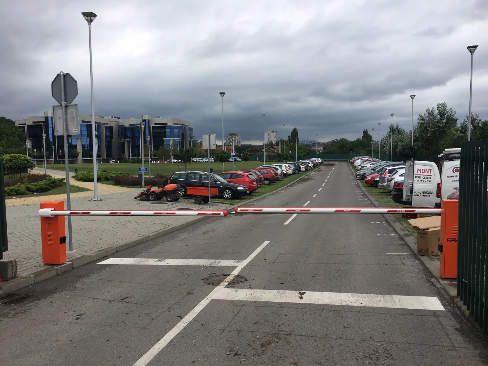 Two automatic barriers at a car park entrance