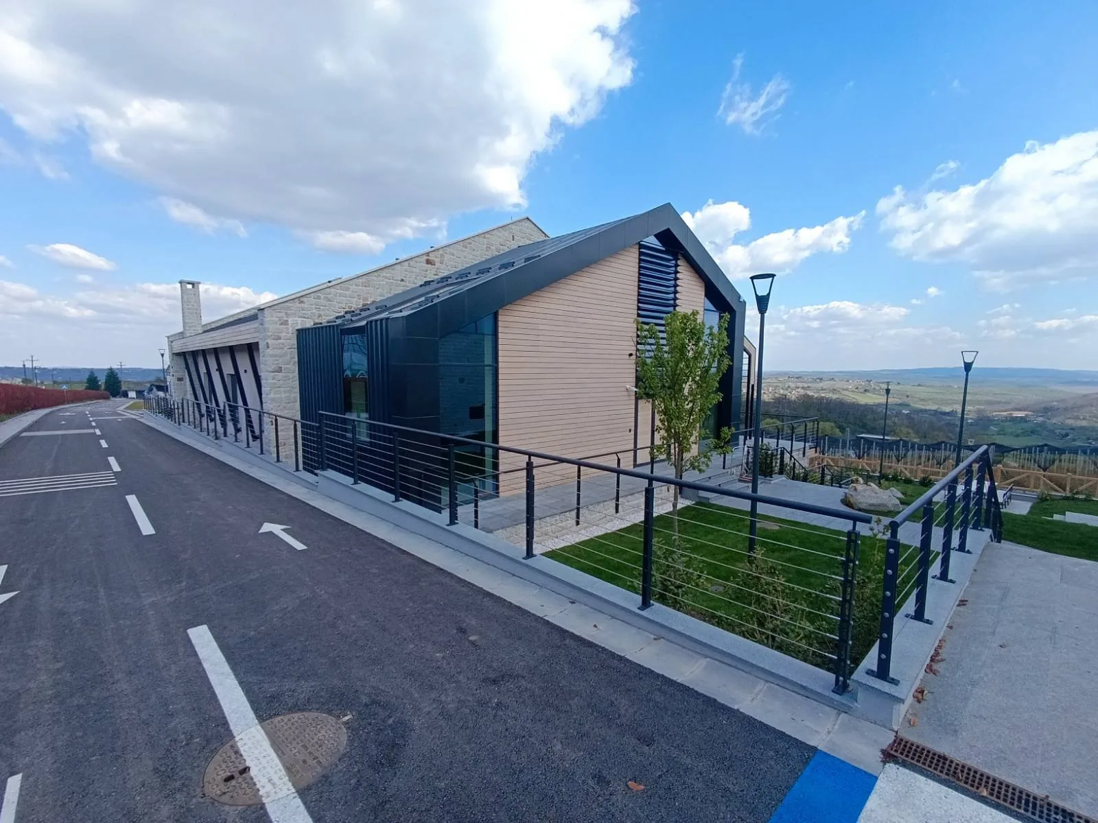 Railings with a horizontal infill along a hillside building